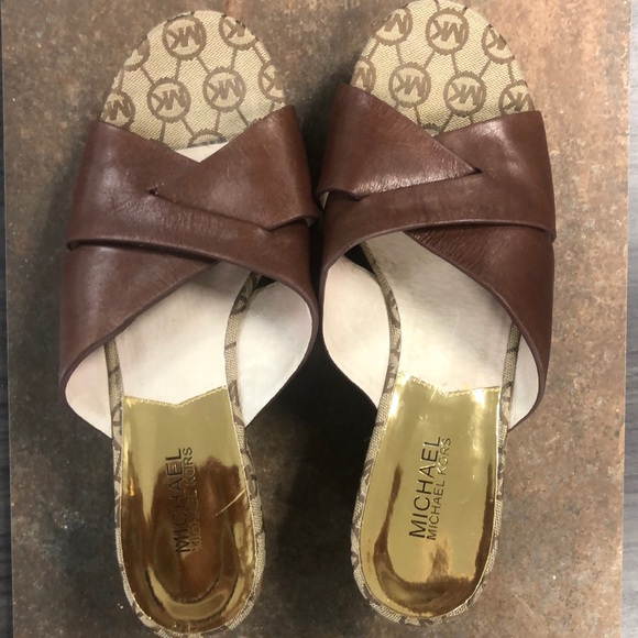 MICHAEL KORS GABI Mule Mocha Leather Wedges 9M - Picture 3 of 11